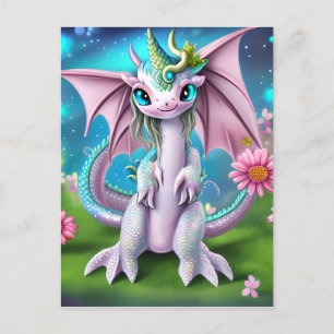 Niedliches Lächeln Baby Dragon mit Blume Postkarte