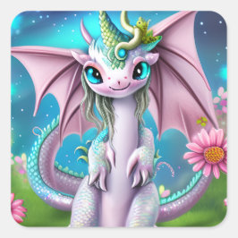 Niedliches Lächeln Baby Dragon mit Blume Quadratischer Aufkleber