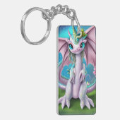 Niedliches Lächeln Baby Dragon mit Blume Schlüsselanhänger (Vorderseite links)