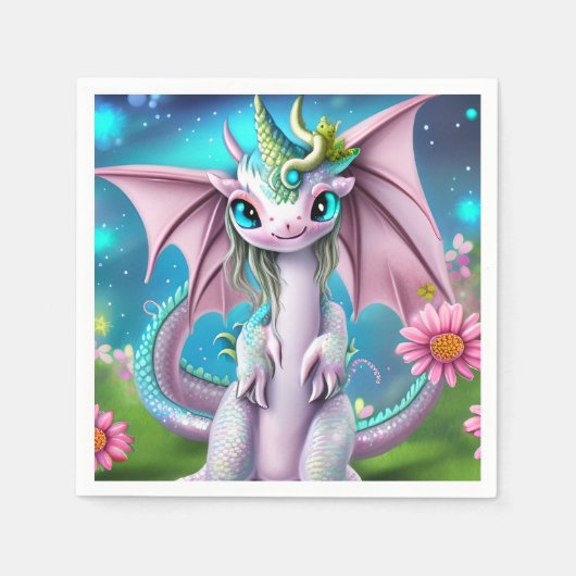 Niedliches Lächeln Baby Dragon mit Blume Serviette (Vorderseite)