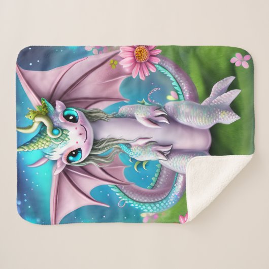 Niedliches Lächeln Baby Dragon mit Blume Sherpadecke (Vorderseite (Horizontal))