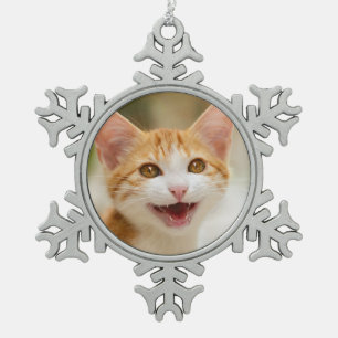 Niedliches Lächeln Kitten Face Funny Cat Meow Foto Schneeflocken Zinn-Ornament