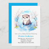 Niedliches Lächeln Otter Blue Floral Boy Baby Dusc Einladung (Vorne/Hinten)