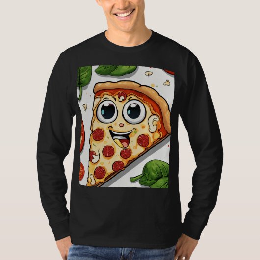 Niedliches lächelndes Cartoon-Pizzastück mit glück T-Shirt (Vorderseite)