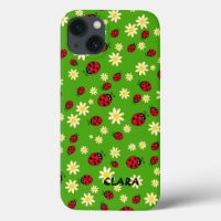 niedliches Ladybug und dunkle Blume grün