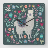 Niedliches Lama-Blumenentwurf Quadratische Wanduhr (Vorderseite)