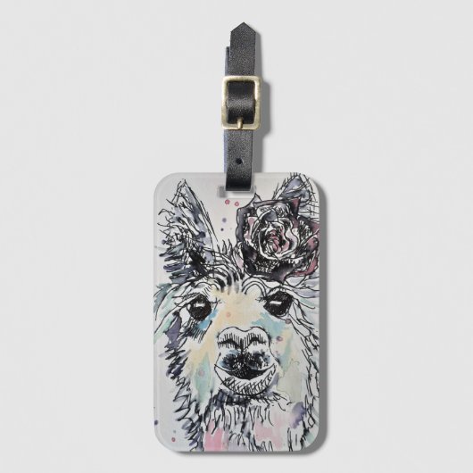 Niedliches Lama mit Rose Aquarellkunst Gepäckstück Gepäckanhänger (Vorderseite Vertikal)