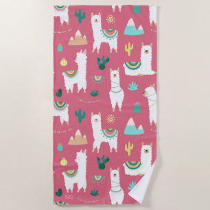 Niedliches Lama- und Cactus Pink-Muster Monogramm Strandtuch
