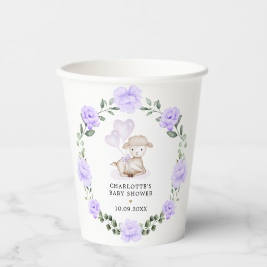 Niedliches Lamb Baby Sheep Lila Blumengarten Kranz Pappbecher (Vorderseite)