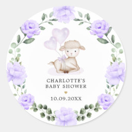 Niedliches Lamb Baby Sheep Lila Blumengarten Kranz Runder Aufkleber