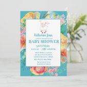 Niedliches Lamm Aquamarin Blue Floral Baby Dusche Einladung (Stehend Vorderseite)