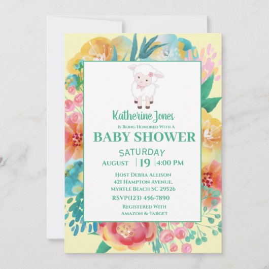 Niedliches Lamm Gelbe grüne Blütendusche Einladung (Vorderseite)