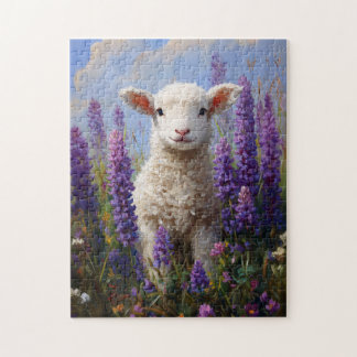 Niedliches Lamm Lila Lupine-Blume Puzzle