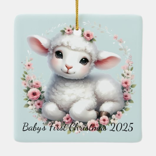 Niedliches Lamm mit Blumenkronendarstellung Keramikornament (Rückseite)