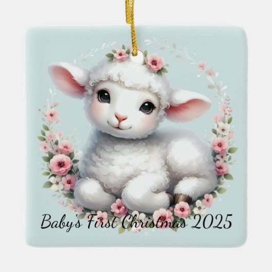 Niedliches Lamm mit Blumenkronendarstellung Keramikornament (Vorderseite)