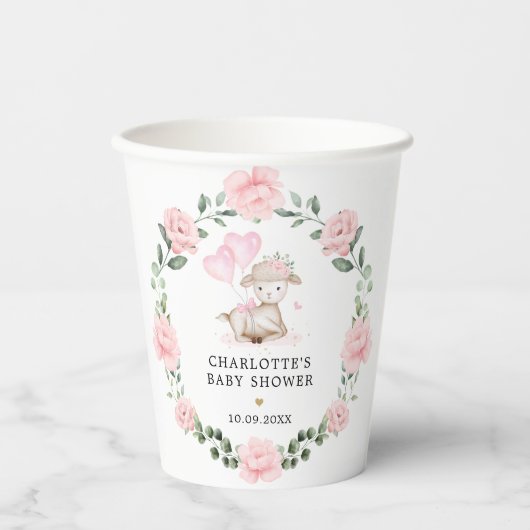 Niedliches Lamm Pink Blumenstrauß & Balloons Baby  Pappbecher (Vorderseite)