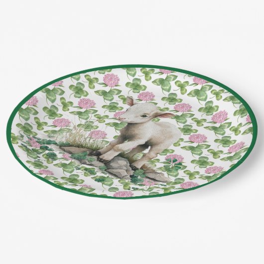 Niedliches Lamm und Klee | St Patrick's Day Paper Pappteller (Schrägansicht)