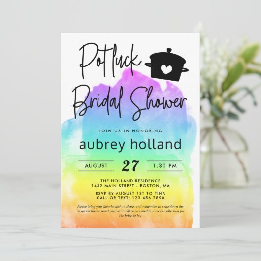 Niedliches lesbisches Rainbow Potluck-Brautparty Einladung (Stehend Vorderseite)