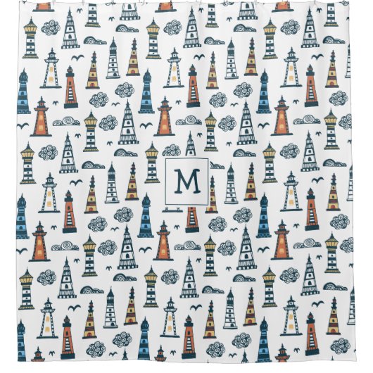 Niedliches Leuchtturm Nahtloses Muster Mit Monogra Duschvorhang (Vorderseite)