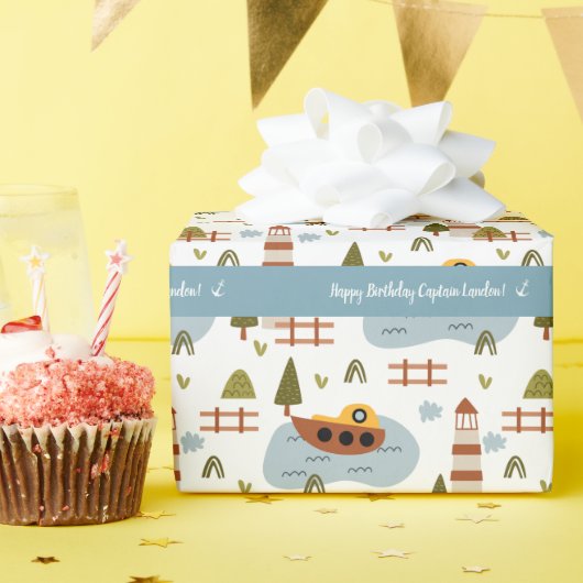 Niedliches Leuchtturm und Muster für das Kid-Boot Geschenkpapier (Geburtstagsparty)