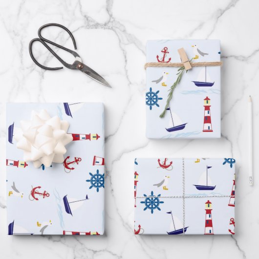 Niedliches Leuchtturmschiff und Sea Gull Blue Wr Geschenkpapier Set (Vorderseite)