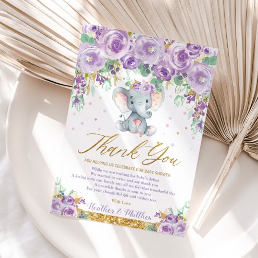 Niedliches Lila Blumenlephant Baby Shower Baby Gir Dankeskarte