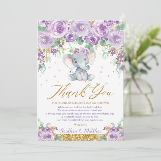 Niedliches Lila Blumenlephant Baby Shower Baby Gir Dankeskarte (Stehend Vorderseite)