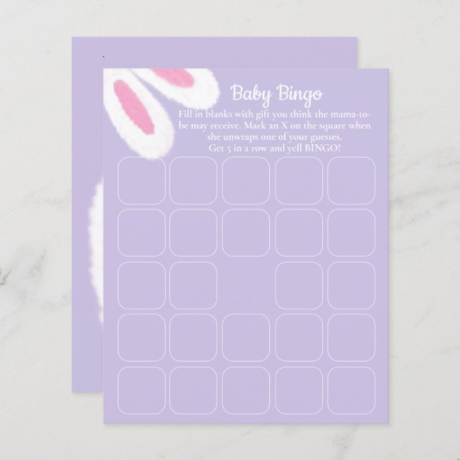 Niedliches Lila Bunny Baby Dusche Bingo Spiel (Vorne/Hinten)