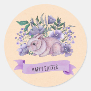 Niedliches Lila Bunny Florals Happy OsterNapkins Runder Aufkleber
