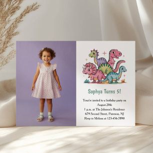 Niedliches Lila Dinosaurier Foto Kindergeburtstag  Einladung