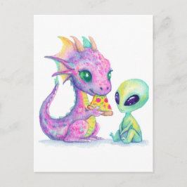 Niedliches Lila Dragon Baby Pizza mit Alien essen Postkarte