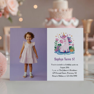 Niedliches Lila Einhorn Foto Kindergeburtstag Part Einladung