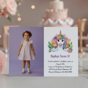 Niedliches Lila Einhorn Foto Kindergeburtstag Part Einladung