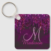 Niedliches lila Einhorn-Glitzer-Tropfen Monogramm Schlüsselanhänger (Vorderseite)