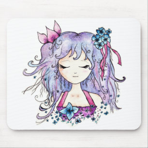 Niedliches lila Haar-Blume manga Mädchen Mousepad