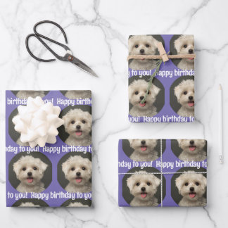 Niedliches Lila Haustier Foto Muster Happy Birthda Geschenkpapier Set