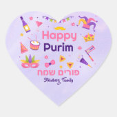 Niedliches Lila Hebrew Happy Purim Herz-Aufkleber (Vorderseite)