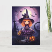Niedliches Lila Hexenbild Halloween Karte (Vorderseite)