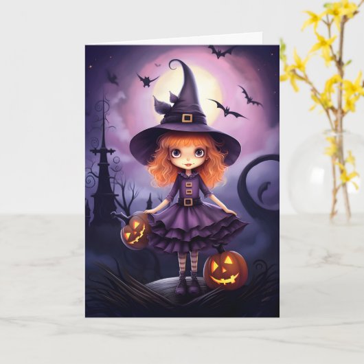 Niedliches Lila Hexenbild Halloween Karte (Gelbe Blume)