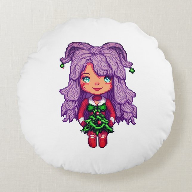 Niedliches lila Mädchen Rundes Kissen (Vorderseite)