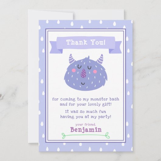 Niedliches Lila Monster | Monster Bash Kindergebur Dankeskarte (Vorderseite)