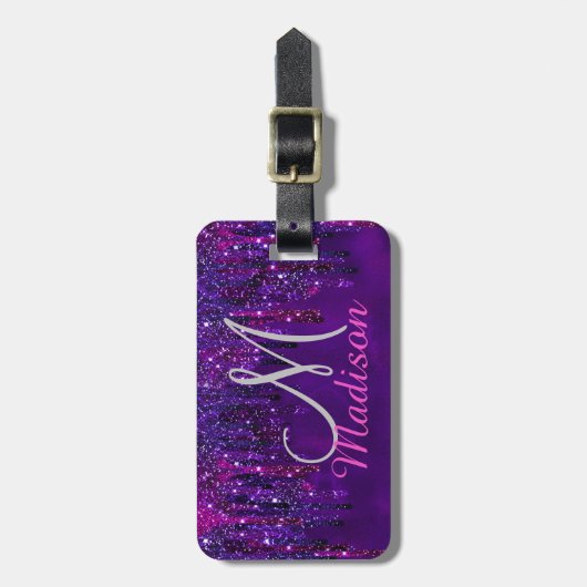 Niedliches Lila Rosa Einhorn Glitzer Tropfen Monog Gepäckanhänger (Vorderseite vertikal)