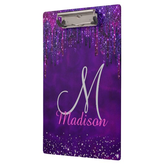 Niedliches Lila Rosa Einhorn Glitzer Tropfen Monog Klemmbrett (Links)