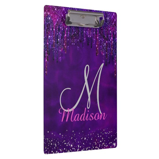 Niedliches Lila Rosa Einhorn Glitzer Tropfen Monog Klemmbrett (Rechts)