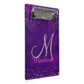 Niedliches Lila rosa Unicorn Glitzer Tropfen Monog Mini Klemmbrett (Schrägansicht)