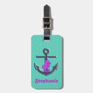 Niedliches Lila u. Türkis-Seepferd-Anker-Monogramm Gepäckanhänger
