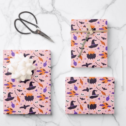 Niedliches Lila und rosa Halloween-Muster Geschenkpapier Set (Vorderseite)