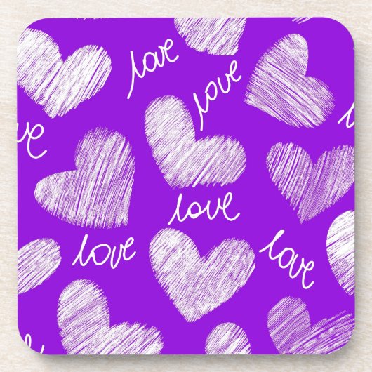 Niedliches Lila White Scribbled Herz mit Liebe Scr Getränkeuntersetzer (Vorderseite)