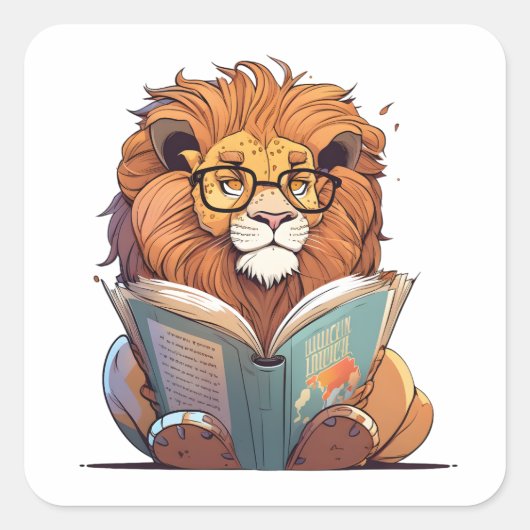 Niedliches Lion Reading Book, Wild zum Lesen Quadratischer Aufkleber (Vorderseite)