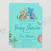 Niedliches Little Dino auf seiner Way Baby Dusche Einladung (Vorne/Hinten)